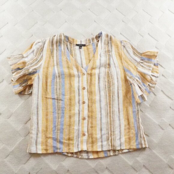 Drew Flutter Sleeve Button Up Top Womens Medium Linen Blend Striped Multi Color - Picture 1 of 10